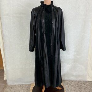 Vintage 80s Vera Pelle Black Leather Suede Patchwork Striped Long Coat 42 S/M